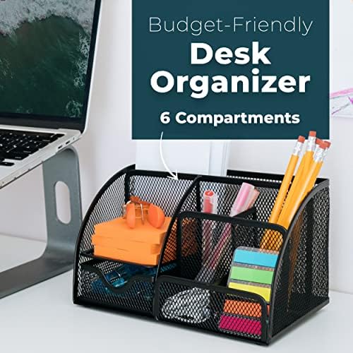 Greenco Mesh Desk Organizer Office & Dorm Room Supplies Caddy, 6 Compartments, Small Black Desk Organizer for Pen, Pencil, Small Office Supplies and Stationary Accessories Storage Organization