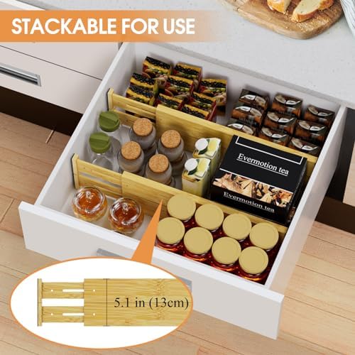 Bamboo Drawer Dividers, Adjustable Drawer Organizers, Fits 17.6–21" Drawers