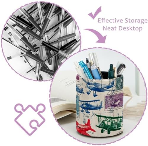Leather Pen Holder for Desk, Airplane Retro Stamps Pencil Cup Pen Organizer Makeup Brush Holder for Office Home Kids Countertop Desk Accessory Storage