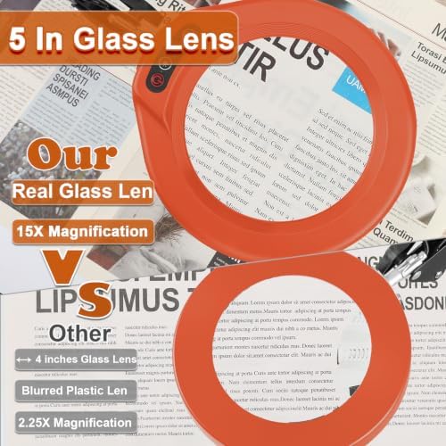 VEEMAGNI 5 Inch Large Real Glass Magnifying Glass with Light and Stand, 5 Color Modes Stepless Dimmable, 2*16 Inch Swivel Arm LED Clamp Desk Lamp, Hands Free 15X Lighted Magnifier for Crafting-Orange