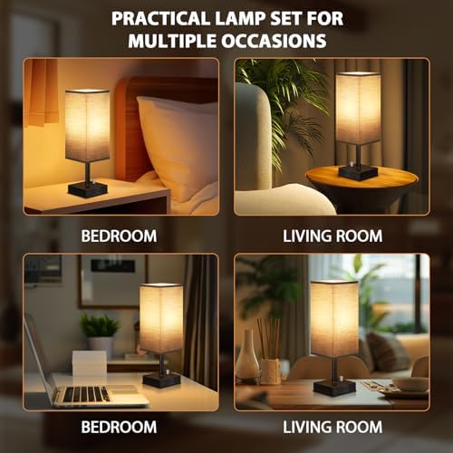 Black Bedside Table Lamps Set of 2 - Dimmable, USB C+A, 2 AC Outlets