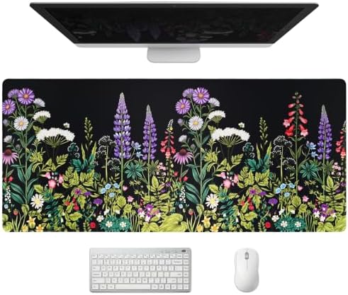 Extended Wildflower Meadow Desk Mat, XXL Large Gaming Mouse Pad, Florals Weeds Stitched Edges Waterproof with Non-Slip Rubber Base for Computer Keyboard Laptop Work Home Office 35.4"x15.7"