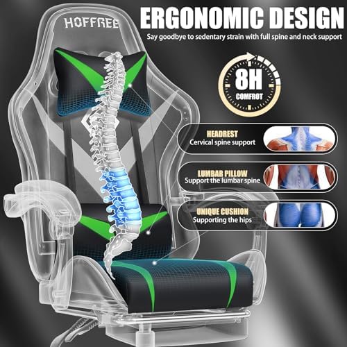 Gaming Chair with Massage Footrest Ergonomic Computer Chair for Boys-Green