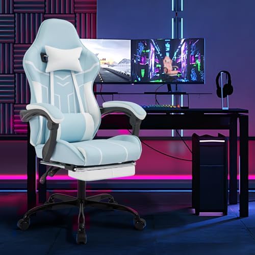 Blue Ergonomic Gaming Chair for Adults with Footrest and Massage