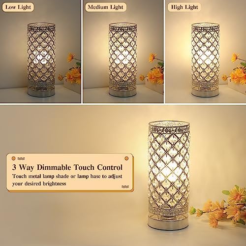 Crystal Table Lamp, 3 Way Touch Control Dimmable Bedside Nightstand Lamp