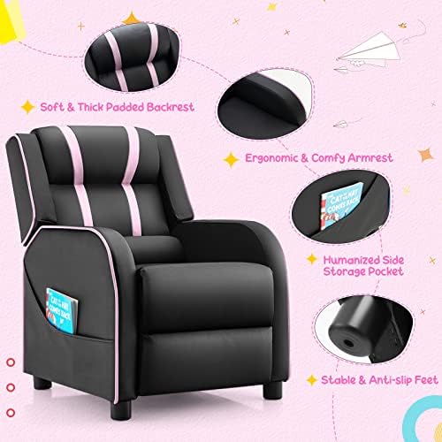 Costzon Kids Recliner, Gaming Recliner Chair w/Side Pockets, Footrest, Headrest & Lumbar Support for Kids Room & Play Room, Adjustable Racing Style Leather Sofa for Children Boys Girls (Pink, Black)