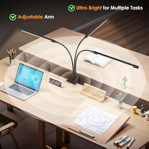 ShineTech 3-Head LED Desk Lamp with Clamp, Eye-Caring Clip on Lights