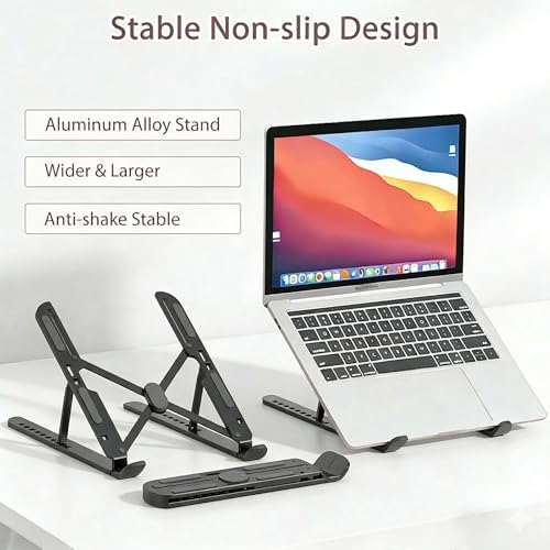 Ergonomic Foldable Computer Stand, 10-Level Height Adjustable Aluminum Laptop Stand, Compatible with 17.3 Inch Laptops, Tablets & Drawing Tablets, for MacBook, HP, Lenovo, Dell (Black)