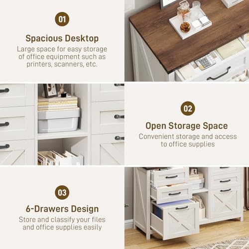 Halitaa Farmhouse Lateral File Cabinet with 6 Drawers, White and Brown