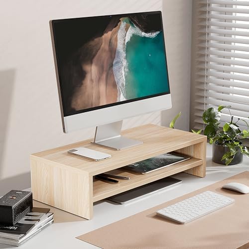 FITUEYES Wooden Monitor Stand Riser, 2-Tier Desk Storage Shelf, Oak