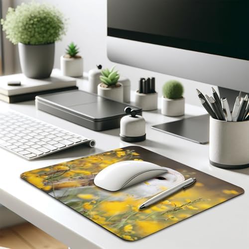 White Barn Owl Spring Yellow Wildflowers Mouse Pad, Cute Durable Desk Mat