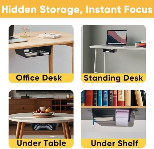 2 Pack Under Desk Hanging Shelf Drawer Organizer, Attachable Plastic Hidden Storage Tray, Easy Adhesive Mount Holder for Standing Tables, Office, Counters, Cabinets, Workstations - Black