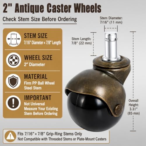 2 Inch Brass Caster Wheels, 5 Pack Antique Ball Casters, 7/16" × 7/8" Stem