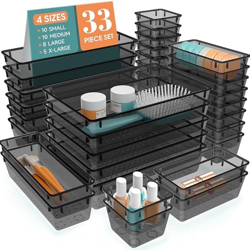 33 PCS Plastic Drawer Organizers Set, 4 Size Desk Drawer Organizer Trays