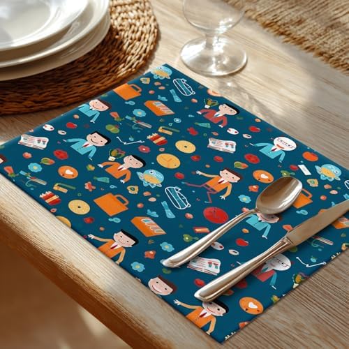 Shrahala Businessmen Items Work Set of 8 12 X 18 Inch Linen Placemats, Professional Office Illustration Burlap Table Mat Washable Double Layered Heat Insulation for Indoor/Outdoor