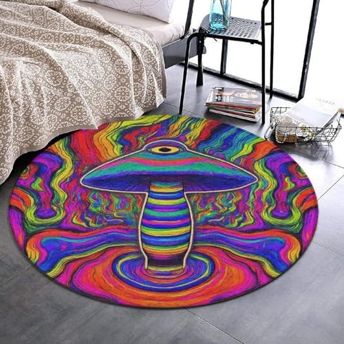 Home Decor Non Slip Kitchen Office Circle Rug, Machine Washable Modern Round Area Rug, Room Sofa Yoga Soft Round Carpet Trippy Mushroom Rainbow Tie Dye Art, 24inch