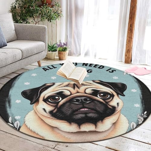 Men's Large Home Decor Mat, Soft Round Yoga Carpet, Non Slip Machine Washable Home Office Circle Rug Cute Puppy Pug
