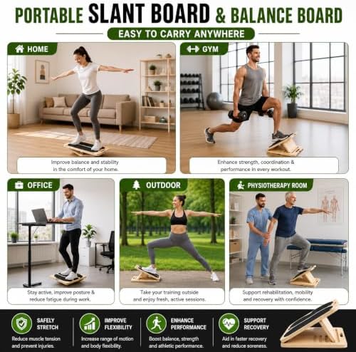 3-in-1 Slant Board & Balance Board, 6 Angle Adjustable Calf Stretcher, Wooden Incline Board for Squats, Ankle & Foot Stretching