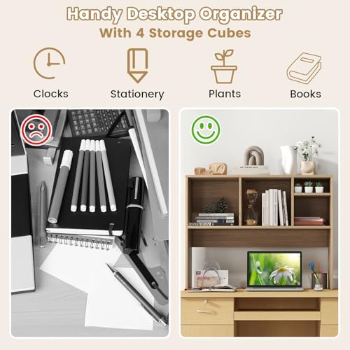 Giantex Desktop Bookshelf, Countertop Storage Hutch with 4 Shelves for Computer Desk, Dressing Tabletop Display Rack, Multipurpose Desk Hutch Storage Organizer for Home Office Dorm, Natural