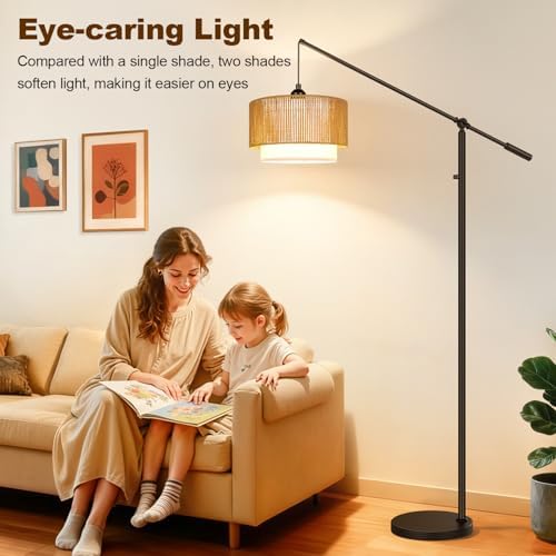 【Upgraded】Boho Dimmable Floor Lamps with Adjustable Swing Arm, 1100 Lumens Bulb Included, Modern Standing Lamp with Rattan & Fabric Shades, Farmhouse Tall Arc Floor Lamp for Living Room Bedroom, Black