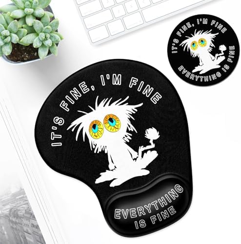 ITNRSIIET Ergonomic Mouse Pad Coaster Set with Gel Wrist Support Wrist Rest Smooth Surface Non-Slip PU Base Comfortable Office Supplies Pain Relief, 9.5 x 8.3 inches, Funny Cat