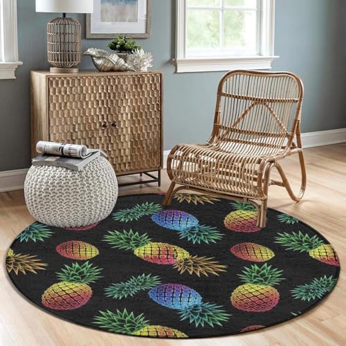 Large Home Decor Mat, Soft Round Yoga Carpet, Non Slip Machine Washable Home Office Circle Rug Pineapple Colorful, 24inch