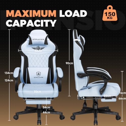 GTPLAYER Gaming Chair with Footrest, Ergonomic Office Chair 400lbs Heavy Duty, Big and Tall Computer Desk Chair with Lumbar Support and Headrest, Breathable Plush Fabric, 90-155° Recline Light Blue
