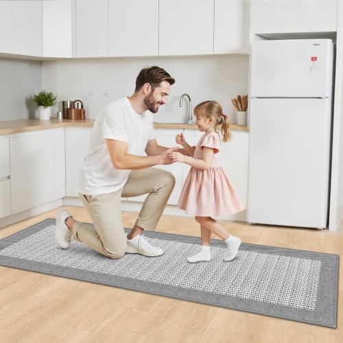 StepRite Kitchen Rugs, Kitchen Mats for Floor, 70"x20" Non-Slip Machine-Washable Kitchen Throw Rug, Light Grey