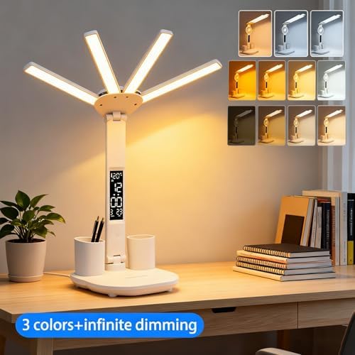 Led Desk Lamp with Clock Foldable Study Lamp 3 Lighting Modes Table Lamp Dimmable Eye Caring Reading Lamp for Home Office College Dorm Bedroom Bedside