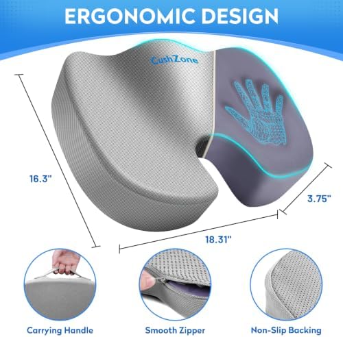 CushZone Memory Foam Seat Cushion for Office Chair & Car, Light Gray
