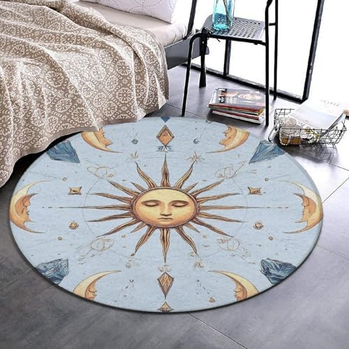 Home Decor Non Slip Kitchen Office Circle Rug, Machine Washable Modern Round Area Rug, Room Sofa Yoga Soft Round Carpet Sun and Moon Clock, 24inch