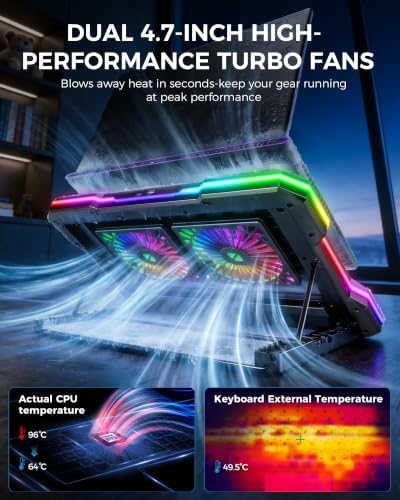 ChillCore 2 Detachable Fans RGB Gaming Laptop Cooling Pad, Rapid Cooling for 15.6-19.3" Laptops, Variable Speed Control, 8 Adjustable Heights - K6 with Memory Foam