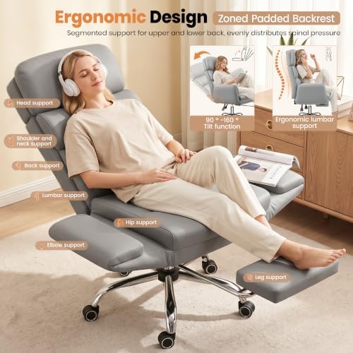 Big and Tall Leather Office Chair, Cross Legged Flip Arms, Gray