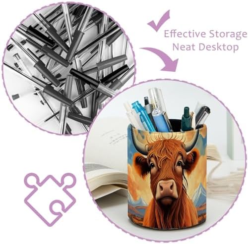 Highland Cow Pen Holder Pencil Organizer Cute Pencil Cup Desk Decor Makeup Brush Holder PU Multifunctional Office Supplies for Home Classroom School