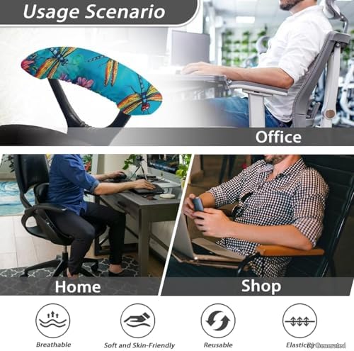 Dragonfly Print Office Chair Arm Covers Set of 2, Soft Elastic Fabric Chair Arm Rest Covers, Stretchy Washable Office Chair Arm Covers for Desk Chairs Computer Chair, Blue