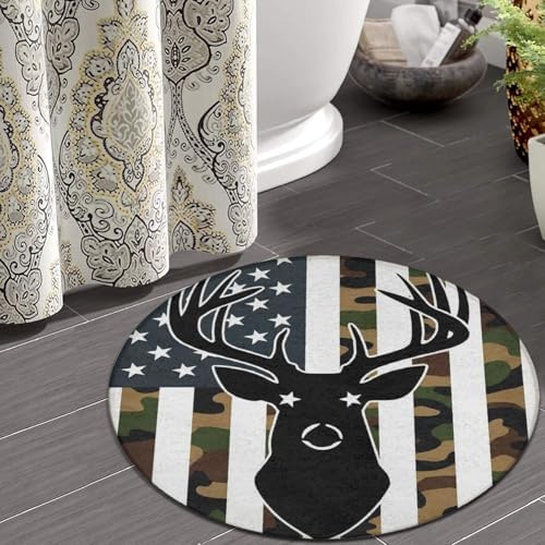 Women's Large Home Decor Mat, Soft Round Yoga Carpet, Non Slip Machine Washable Home Office Circle Rug American Flag Camo Deer