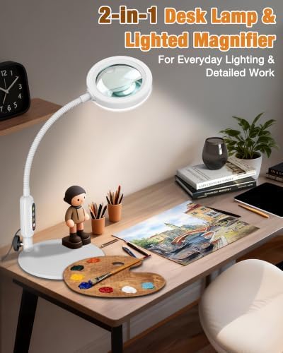 30X 10X Magnifying Glass with Light and Stand, 5 Color Modes Stepless Dimmable, Optical Grade HD Lens, LED Lighted Magnifier Hands Free with 20.5in Flexible Gooseneck for Close Work - White