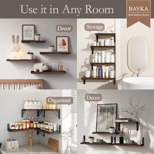 BAYKA Wall Mounted Floating Shelves (Dark Brown, Set of 4, 16" Mixed)