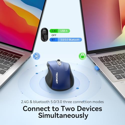 TECKNET Rechargeable Jiggler Wireless Mouse, Dual-Mode Connectivity, Blue
