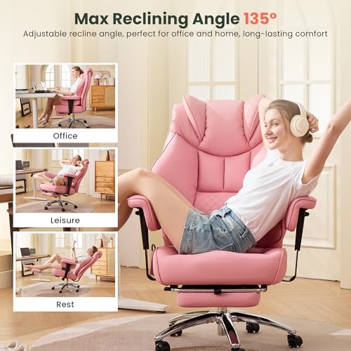CIOMAN 500lbs Big and Tall Office Chair Adjustable Lumbar Support, Extra Wide Seat Ergonomic Gaming Chair with Footrest, Heavy Duty High Back Executive Leather Computer Desk Chair, Pink