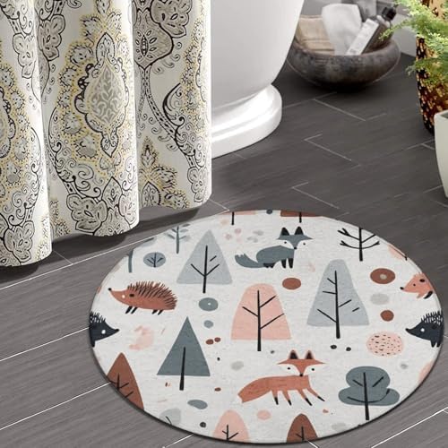 Men's Large Home Decor Mat, Soft Round Yoga Carpet, Non Slip Machine Washable Home Office Circle Rug Cute Fox