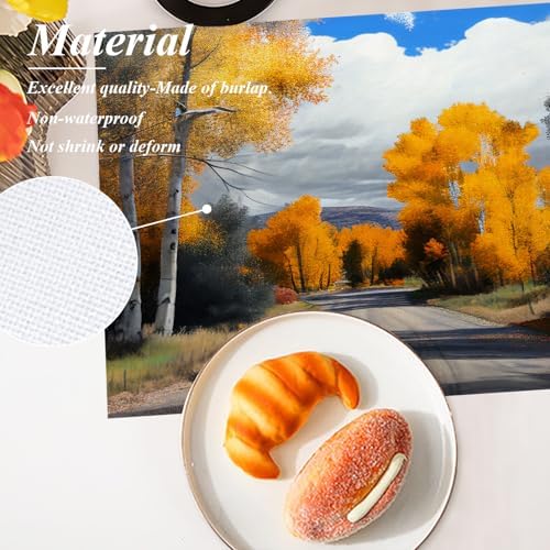 Shrahala Fall Yellow Trees Landscape Set of 6 12 X 18 Inch Linen Placemats, Autumn in Castle Creek Road Burlap Table Mat Washable Double Layered Heat Insulation for Indoor/Outdoor