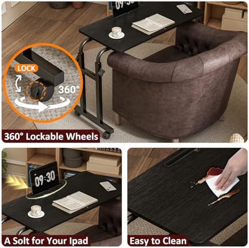 LINGMI Recliner Table, Overbed Table with Wheels Adjustable Height and Length Over Bed Desk, Hospital Heavy Duty Metal Leg Laptop Stand Tray