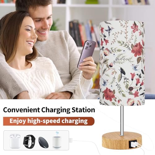 Bedside Touch Lamp, Wood Small Table lamp with 2 USB Charging Ports & Flower Fabric Shade, 3-Way Dimmable Nightstand Lamps for Living Room Bedroom Office Reading Desk Home Dorm(LED Bulb Included)