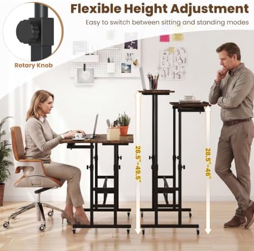 GIANTEX Mobile Standing Desk, Adjustable Rolling Computer Desk (Brown)