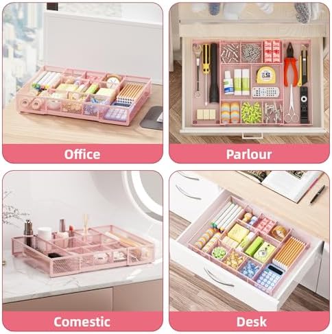 Marbrasse Expandable Desk Drawer Organizer, Mesh Tray with 10 Adjustable Compartments, Desk Organizers for Office Supplies, Makeup & Vanity (Expandable-Pink)