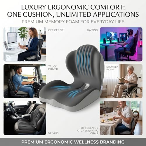 L-Shaped Memory Foam Seat Cushion with Lumbar Support, Integrated Ergonomic Back Pillow for Office Chair and Car Seat, Sciatica and Tailbone Pain Relief, Non-Slip Bottom, Universal Fit (Gray)