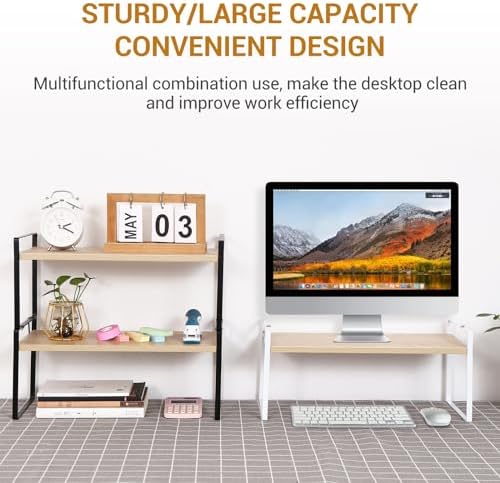 YGYQZ Desk Shelf Organizer for Top of Desk, 1-Tier Desktop Bookshelf, White & Wood