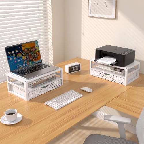 WALI Desk Organizer with Drawer，Computer Monitor Stand with Storage, Desk Organizers and Accessories for Computer, Printer, Laptop Riser for Home Office Supplies, (PTT005-W), 1 Pack, White