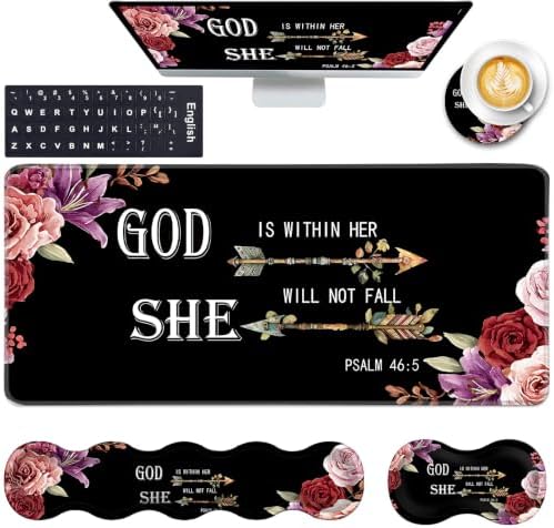 Keyboard Wrist Rest and Mouse Pad with Wrist Support Set Ergonomic Coaster,Memory Foam,Easy Typing Pain Relief,Large XL Desk Mat 31.5"x 11.8",Flower Bible Verse Psalm 46-5
